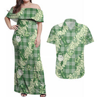 Green Palaka Hawaii Cowboy Christmas Couples Matching Off Shoulder Maxi Dress and Hawaiian Shirt Paniolo Mix Maile Lei LT7 Green - Polynesian Pride