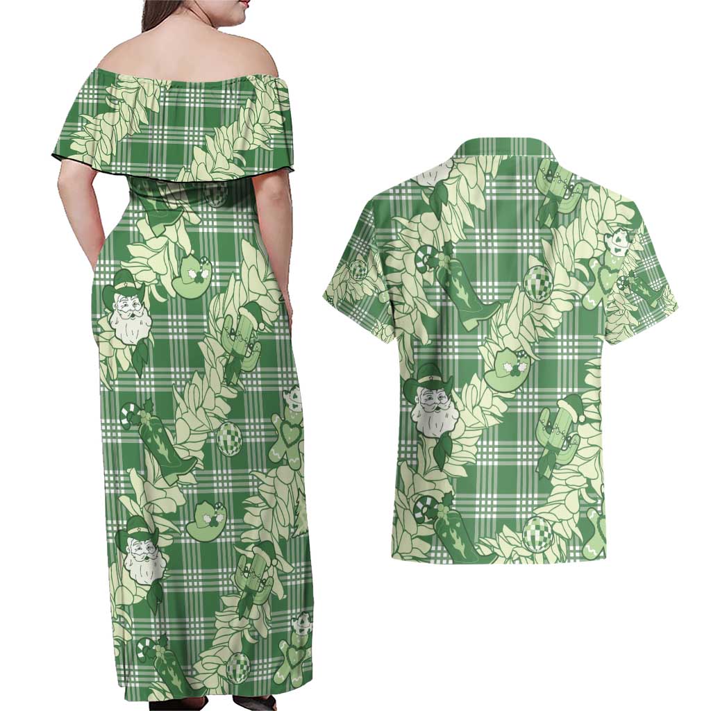 Green Palaka Hawaii Cowboy Christmas Couples Matching Off Shoulder Maxi Dress and Hawaiian Shirt Paniolo Mix Maile Lei LT7 - Polynesian Pride
