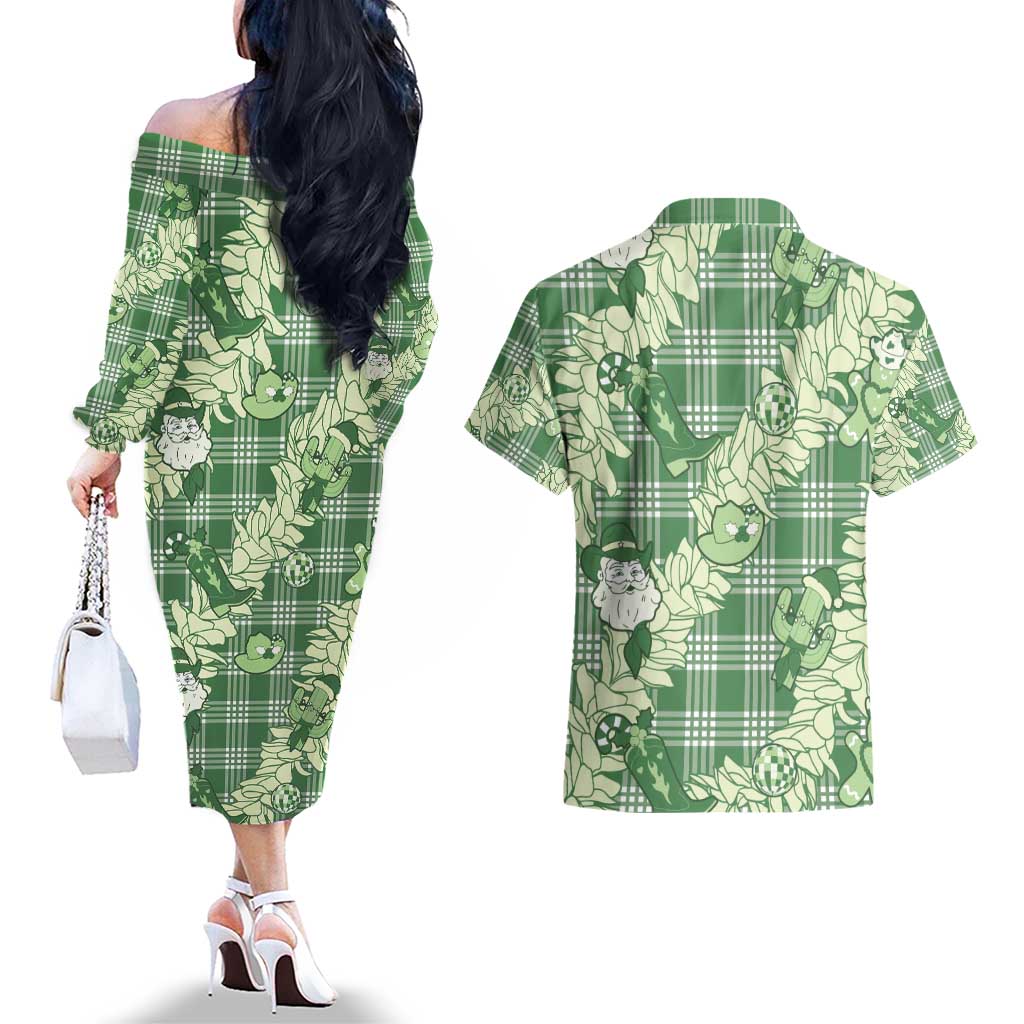 Green Palaka Hawaii Cowboy Christmas Couples Matching Off The Shoulder Long Sleeve Dress and Hawaiian Shirt Paniolo Mix Maile Lei LT7 - Polynesian Pride