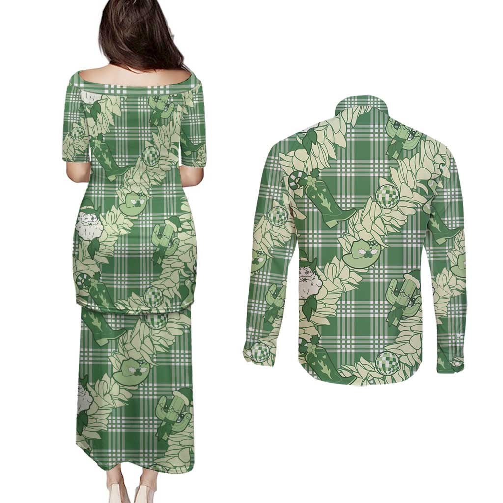 Green Palaka Hawaii Cowboy Christmas Couples Matching Puletasi and Long Sleeve Button Shirt Paniolo Mix Maile Lei - Polynesian Pride