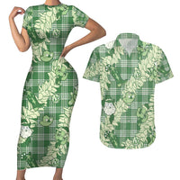 Green Palaka Hawaii Cowboy Christmas Couples Matching Short Sleeve Bodycon Dress and Hawaiian Shirt Paniolo Mix Maile Lei LT7 Green - Polynesian Pride