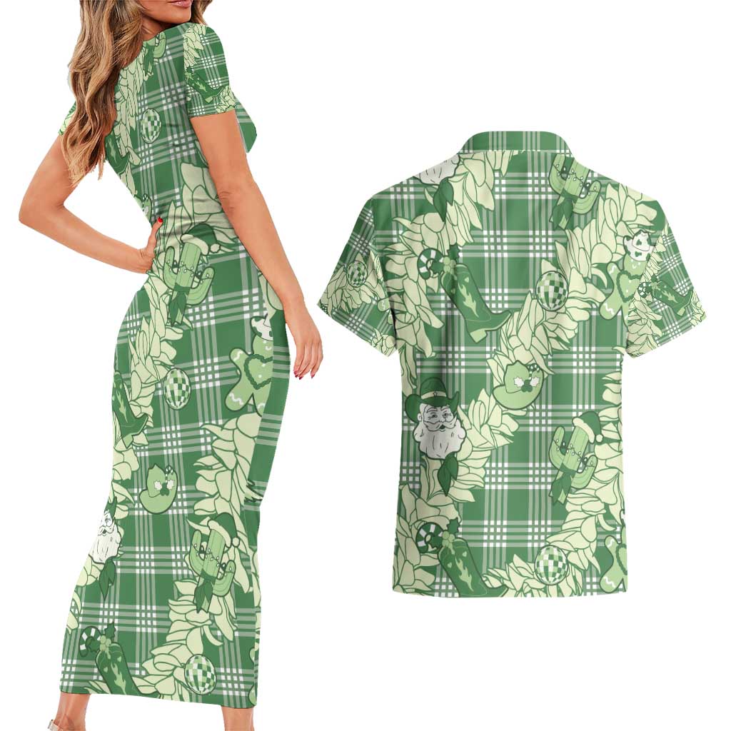 Green Palaka Hawaii Cowboy Christmas Couples Matching Short Sleeve Bodycon Dress and Hawaiian Shirt Paniolo Mix Maile Lei LT7 - Polynesian Pride