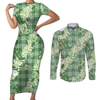 Green Palaka Hawaii Cowboy Christmas Couples Matching Short Sleeve Bodycon Dress and Long Sleeve Button Shirt Paniolo Mix Maile Lei LT7 Green - Polynesian Pride