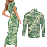 Green Palaka Hawaii Cowboy Christmas Couples Matching Short Sleeve Bodycon Dress and Long Sleeve Button Shirt Paniolo Mix Maile Lei LT7 - Polynesian Pride