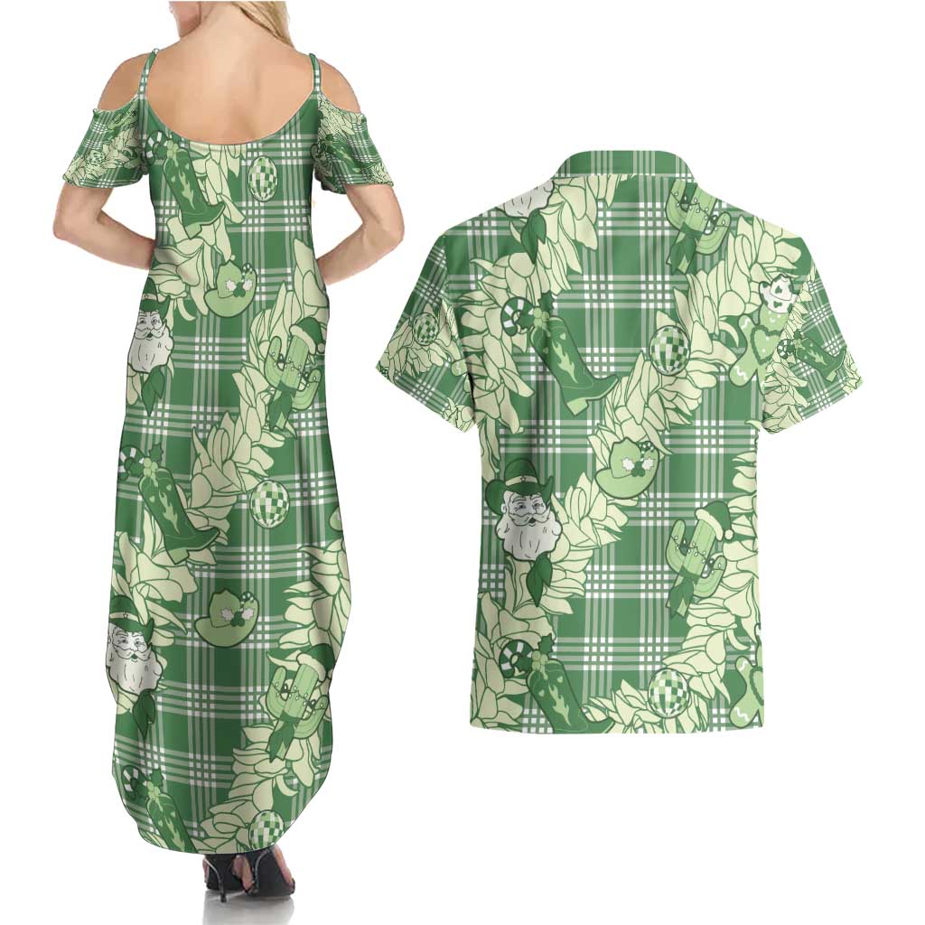 Green Palaka Hawaii Cowboy Christmas Couples Matching Summer Maxi Dress and Hawaiian Shirt Paniolo Mix Maile Lei LT7 - Polynesian Pride
