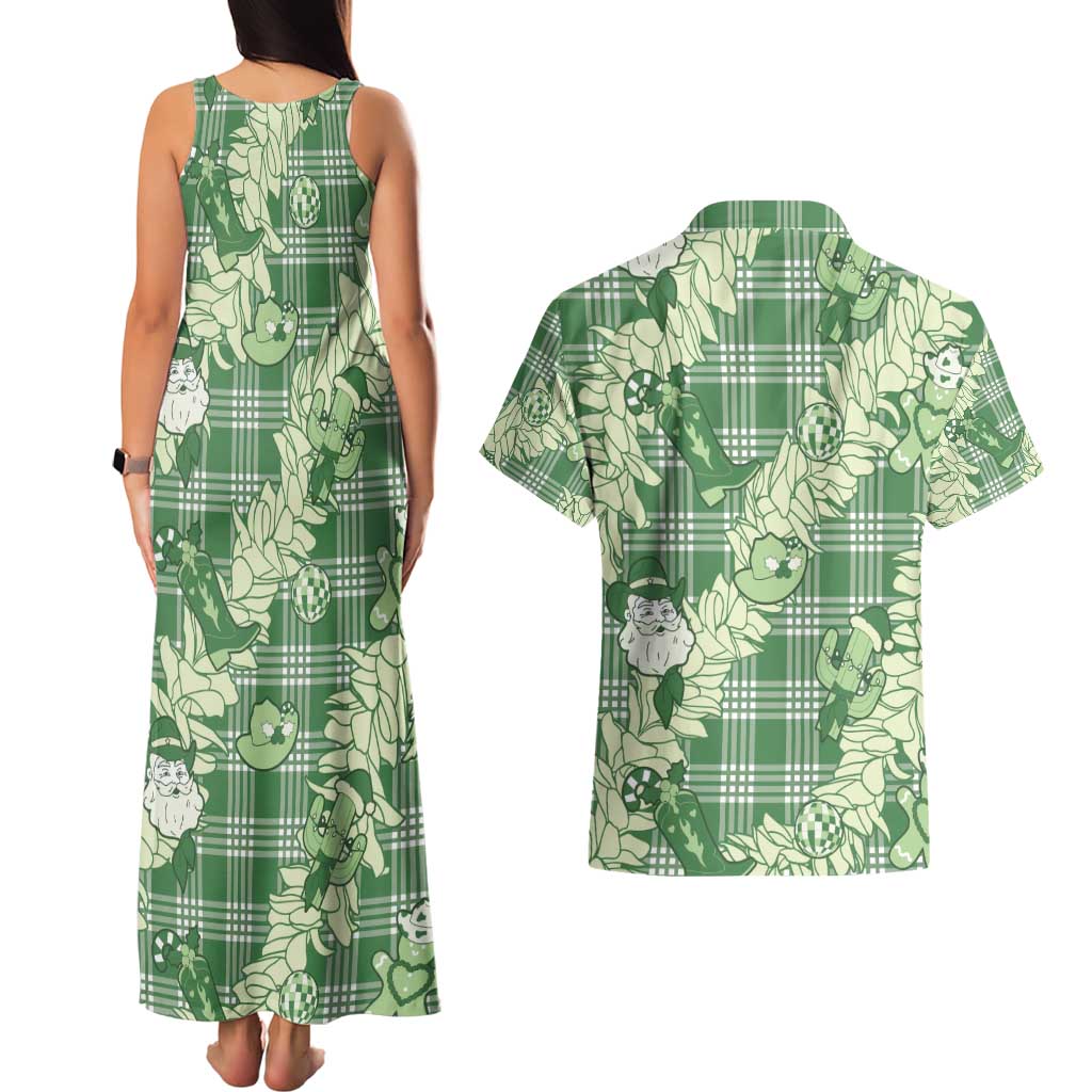 Green Palaka Hawaii Cowboy Christmas Couples Matching Tank Maxi Dress and Hawaiian Shirt Paniolo Mix Maile Lei LT7 - Polynesian Pride