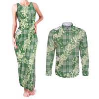 Green Palaka Hawaii Cowboy Christmas Couples Matching Tank Maxi Dress and Long Sleeve Button Shirt Paniolo Mix Maile Lei LT7 Green - Polynesian Pride
