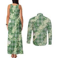Green Palaka Hawaii Cowboy Christmas Couples Matching Tank Maxi Dress and Long Sleeve Button Shirt Paniolo Mix Maile Lei LT7 - Polynesian Pride