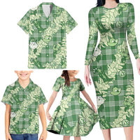 Green Palaka Hawaii Cowboy Christmas Family Matching Long Sleeve Bodycon Dress and Hawaiian Shirt Paniolo Mix Maile Lei LT7 - Polynesian Pride