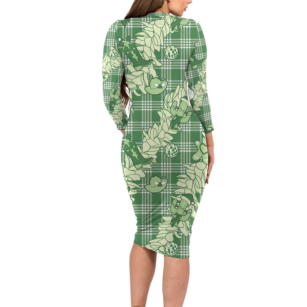 Green Palaka Hawaii Cowboy Christmas Family Matching Long Sleeve Bodycon Dress and Hawaiian Shirt Paniolo Mix Maile Lei LT7 - Polynesian Pride