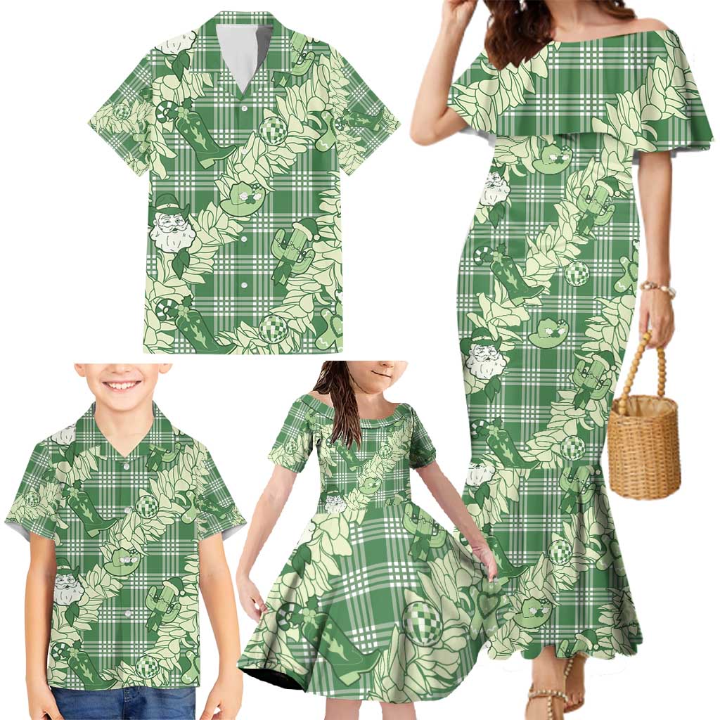 Green Palaka Hawaii Cowboy Christmas Family Matching Mermaid Dress and Hawaiian Shirt Paniolo Mix Maile Lei LT7 - Polynesian Pride
