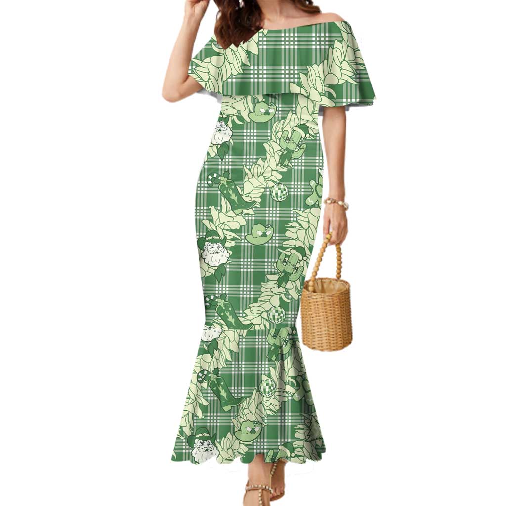Green Palaka Hawaii Cowboy Christmas Family Matching Mermaid Dress and Hawaiian Shirt Paniolo Mix Maile Lei LT7 Mom's Dress Green - Polynesian Pride