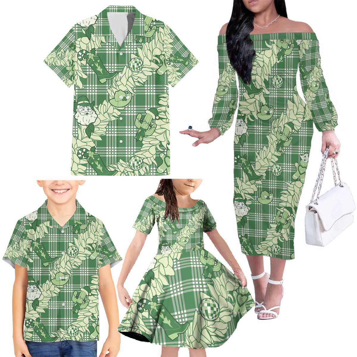 Green Palaka Hawaii Cowboy Christmas Family Matching Off The Shoulder Long Sleeve Dress and Hawaiian Shirt Paniolo Mix Maile Lei LT7 - Polynesian Pride