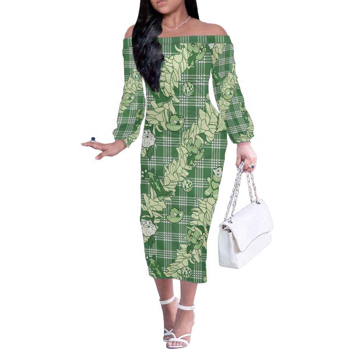 Green Palaka Hawaii Cowboy Christmas Family Matching Off The Shoulder Long Sleeve Dress and Hawaiian Shirt Paniolo Mix Maile Lei LT7 Mom's Dress Green - Polynesian Pride