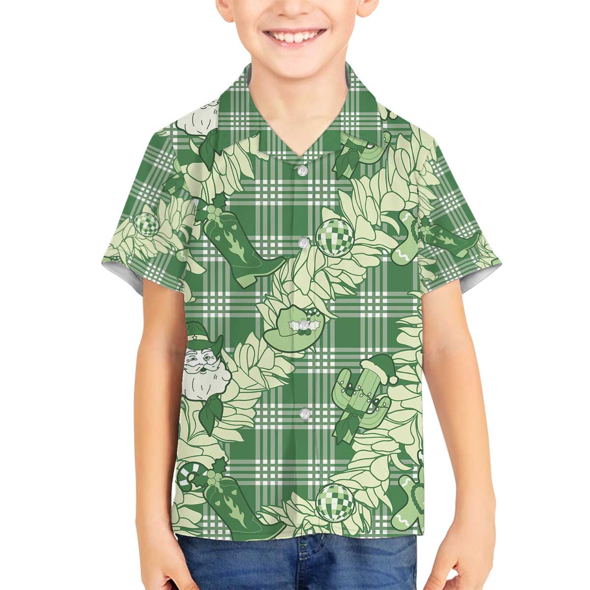 Green Palaka Hawaii Cowboy Christmas Family Matching Off The Shoulder Long Sleeve Dress and Hawaiian Shirt Paniolo Mix Maile Lei LT7 Son's Shirt Green - Polynesian Pride