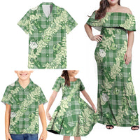 Green Palaka Hawaii Cowboy Christmas Family Matching Off Shoulder Maxi Dress and Hawaiian Shirt Paniolo Mix Maile Lei LT7 - Polynesian Pride