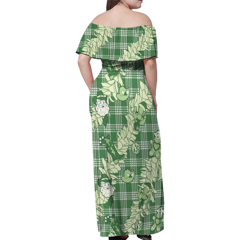 Green Palaka Hawaii Cowboy Christmas Family Matching Off Shoulder Maxi Dress and Hawaiian Shirt Paniolo Mix Maile Lei LT7 - Polynesian Pride