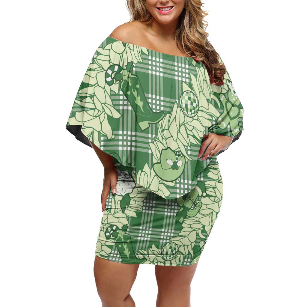 Green Palaka Hawaii Cowboy Christmas Family Matching Off Shoulder Short Dress and Hawaiian Shirt Paniolo Mix Maile Lei LT7 Mom's Dress Green - Polynesian Pride
