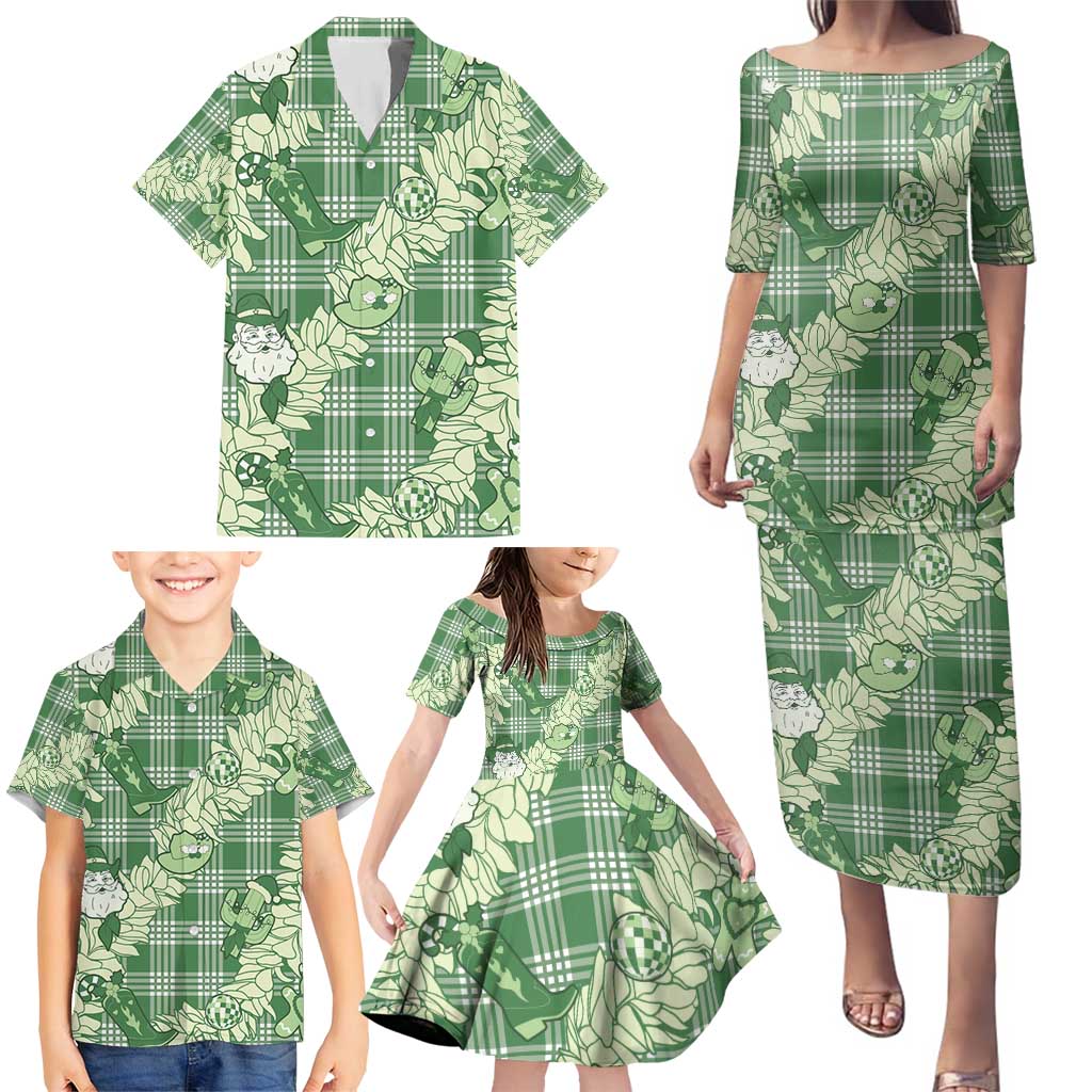 Green Palaka Hawaii Cowboy Christmas Family Matching Puletasi and Hawaiian Shirt Paniolo Mix Maile Lei LT7 - Polynesian Pride