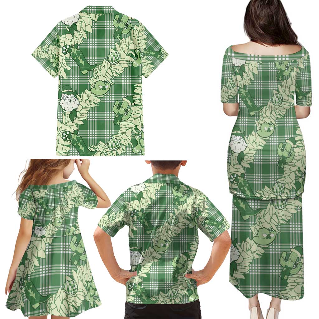 Green Palaka Hawaii Cowboy Christmas Family Matching Puletasi and Hawaiian Shirt Paniolo Mix Maile Lei LT7 - Polynesian Pride