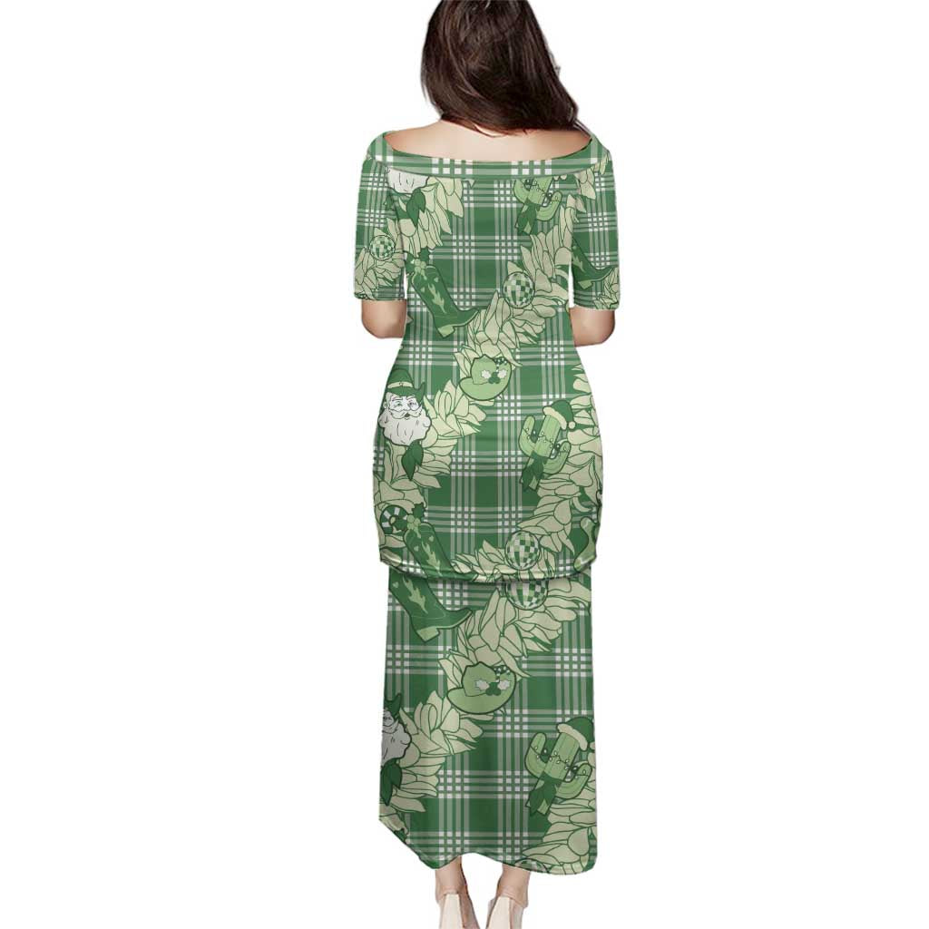 Green Palaka Hawaii Cowboy Christmas Family Matching Puletasi and Hawaiian Shirt Paniolo Mix Maile Lei LT7 - Polynesian Pride