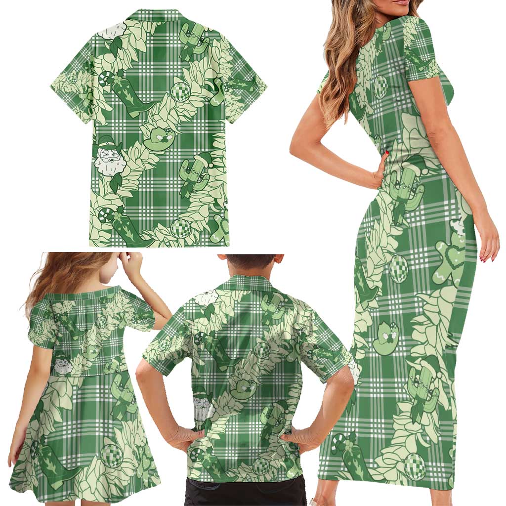 Green Palaka Hawaii Cowboy Christmas Family Matching Short Sleeve Bodycon Dress and Hawaiian Shirt Paniolo Mix Maile Lei LT7 - Polynesian Pride