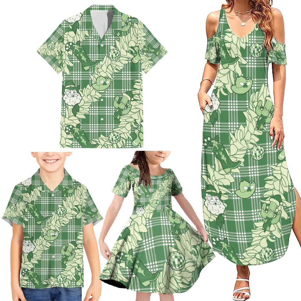 Green Palaka Hawaii Cowboy Christmas Family Matching Summer Maxi Dress and Hawaiian Shirt Paniolo Mix Maile Lei LT7 - Polynesian Pride