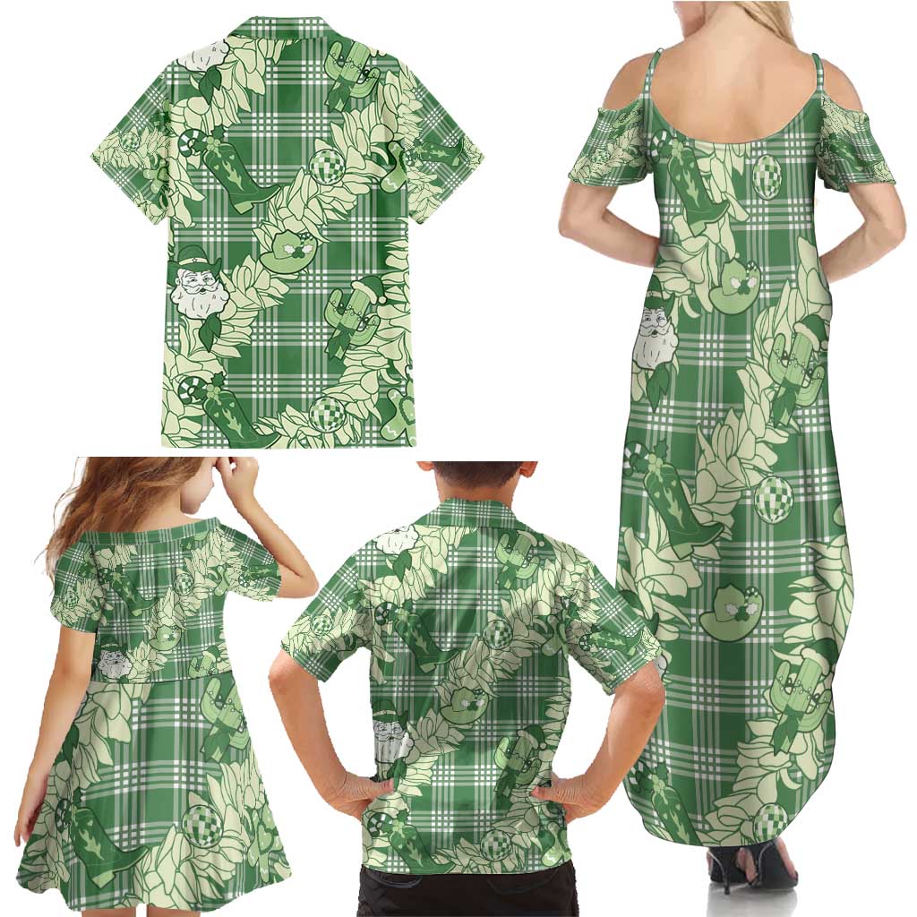 Green Palaka Hawaii Cowboy Christmas Family Matching Summer Maxi Dress and Hawaiian Shirt Paniolo Mix Maile Lei LT7 - Polynesian Pride
