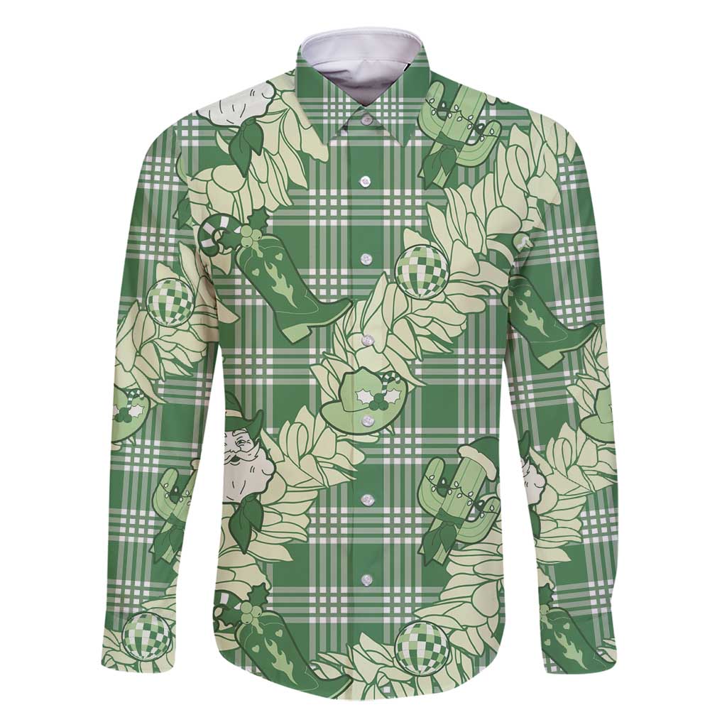 Green Palaka Hawaii Cowboy Christmas Family Matching Summer Maxi Dress and Hawaiian Shirt Paniolo Mix Maile Lei LT7 Dad's Shirt - Long Sleeve Green - Polynesian Pride