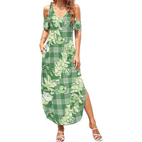 Green Palaka Hawaii Cowboy Christmas Family Matching Summer Maxi Dress and Hawaiian Shirt Paniolo Mix Maile Lei LT7 Mom's Dress Green - Polynesian Pride