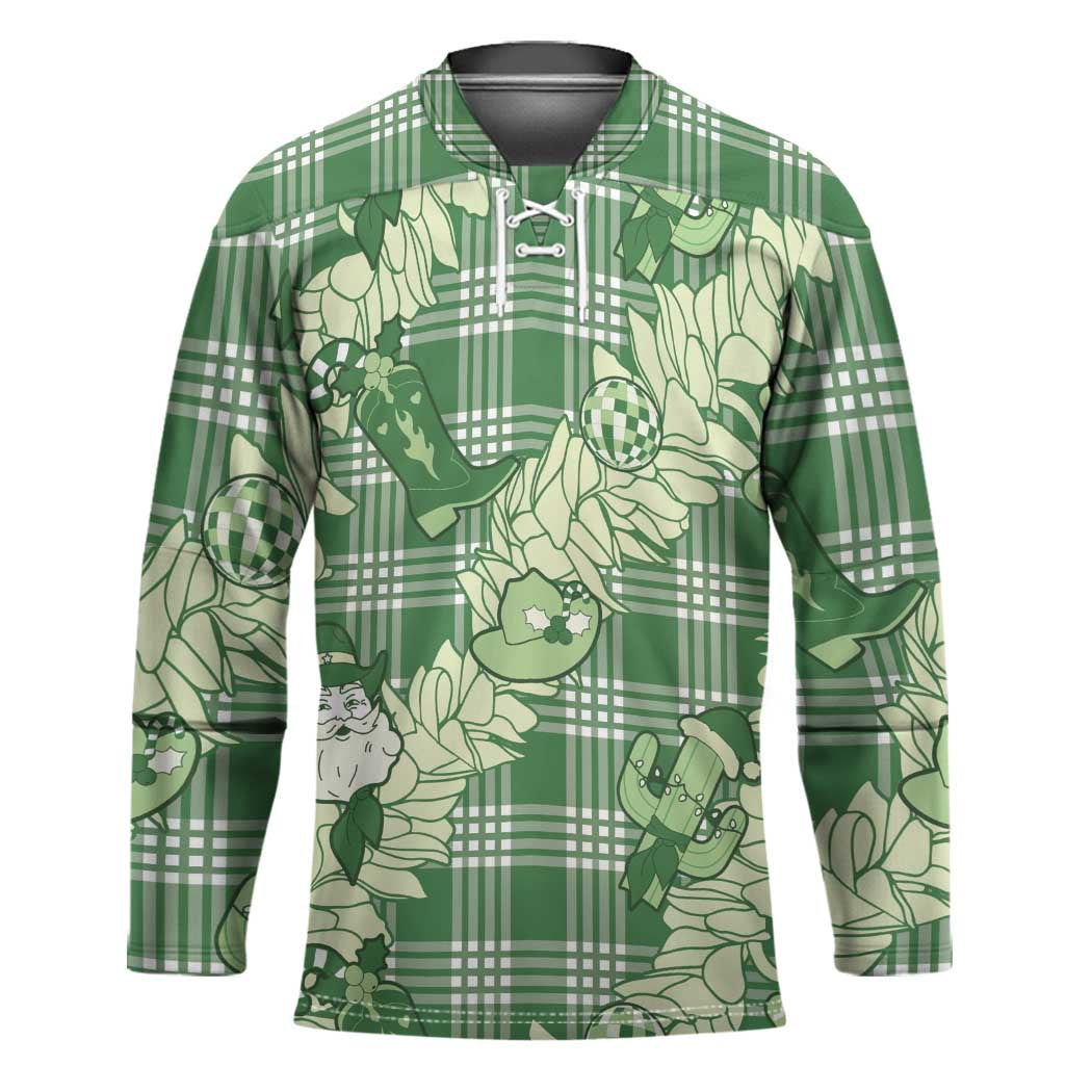 Green Palaka Hawaii Cowboy Christmas Hockey Jersey Paniolo Mix Maile Lei - Polynesian Pride