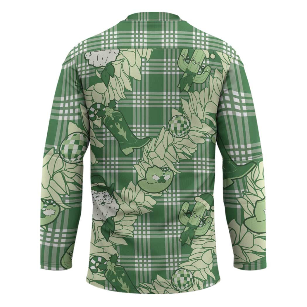 Green Palaka Hawaii Cowboy Christmas Hockey Jersey Paniolo Mix Maile Lei - Polynesian Pride