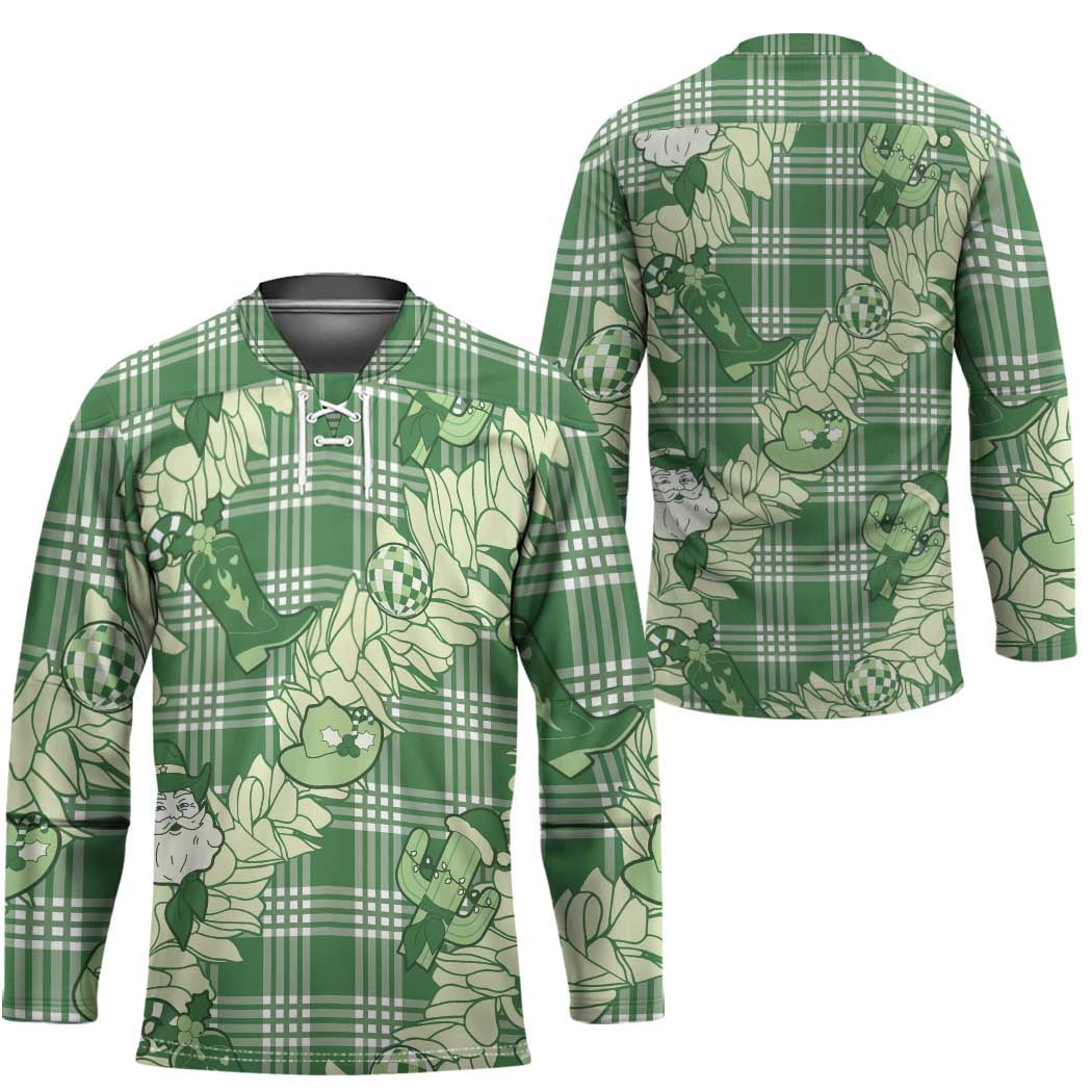 Green Palaka Hawaii Cowboy Christmas Hockey Jersey Paniolo Mix Maile Lei - Polynesian Pride
