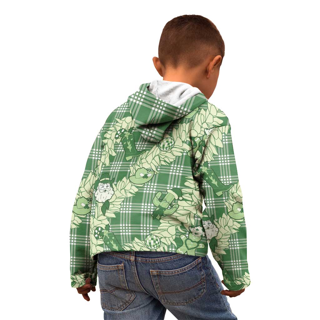 Green Palaka Hawaii Cowboy Christmas Kid Hoodie Paniolo Mix Maile Lei - Polynesian Pride