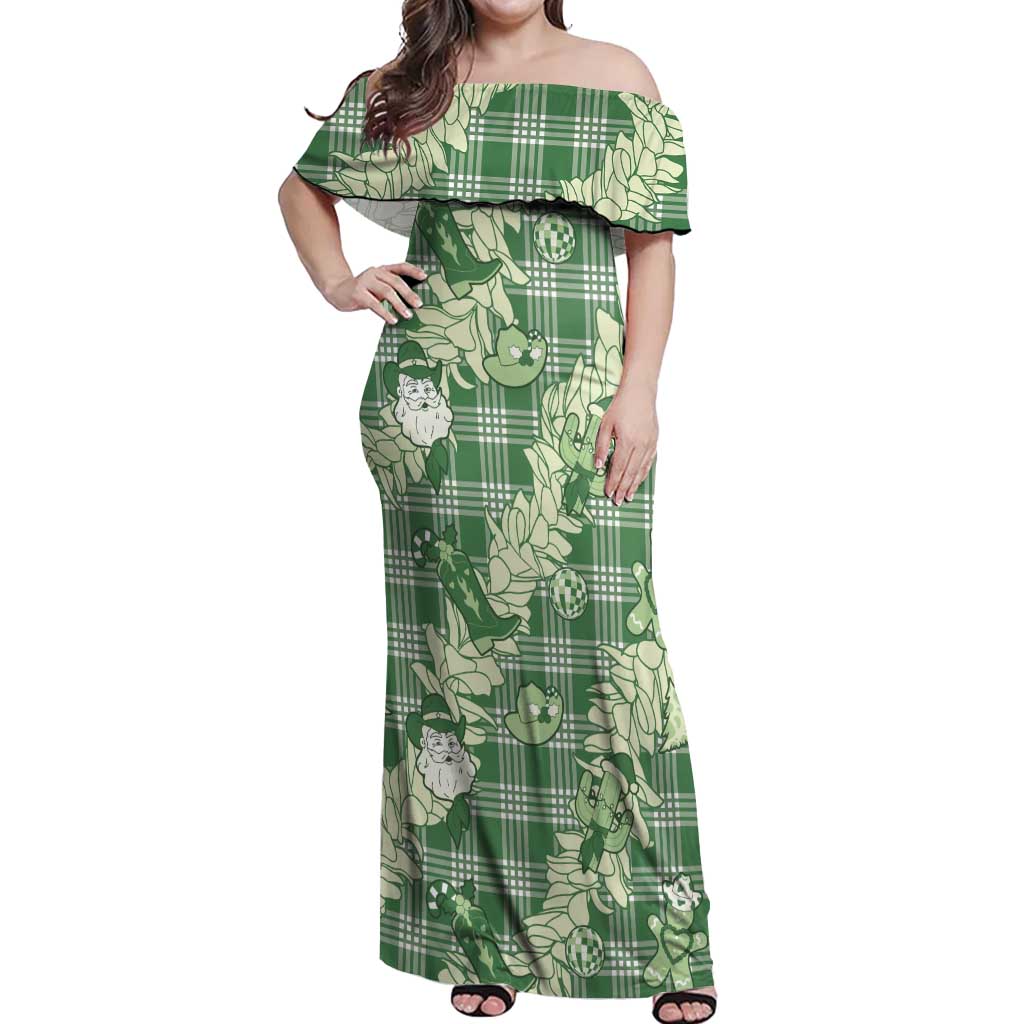 Green Palaka Hawaii Cowboy Christmas Off Shoulder Maxi Dress Paniolo Mix Maile Lei - Polynesian Pride