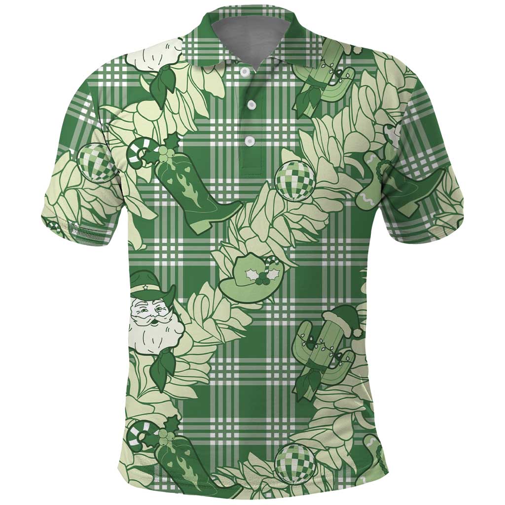 Green Palaka Hawaii Cowboy Christmas Polo Shirt Paniolo Mix Maile Lei - Polynesian Pride