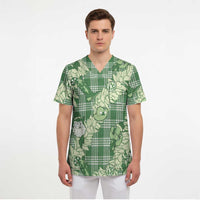 Green Palaka Hawaii Cowboy Christmas Scrub Top Paniolo Mix Maile Lei - Polynesian Pride