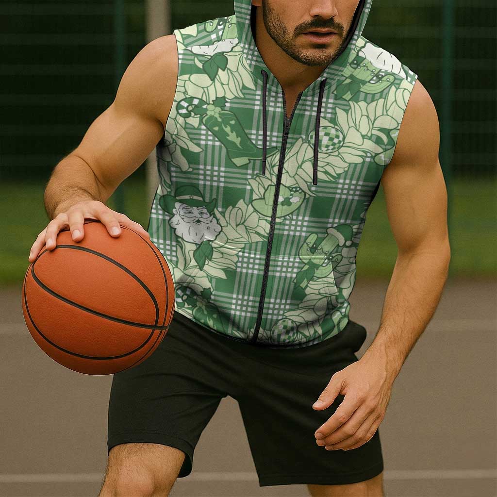Green Palaka Hawaii Cowboy Christmas Sleeveless Zip Hoodie Paniolo Mix Maile Lei - Polynesian Pride