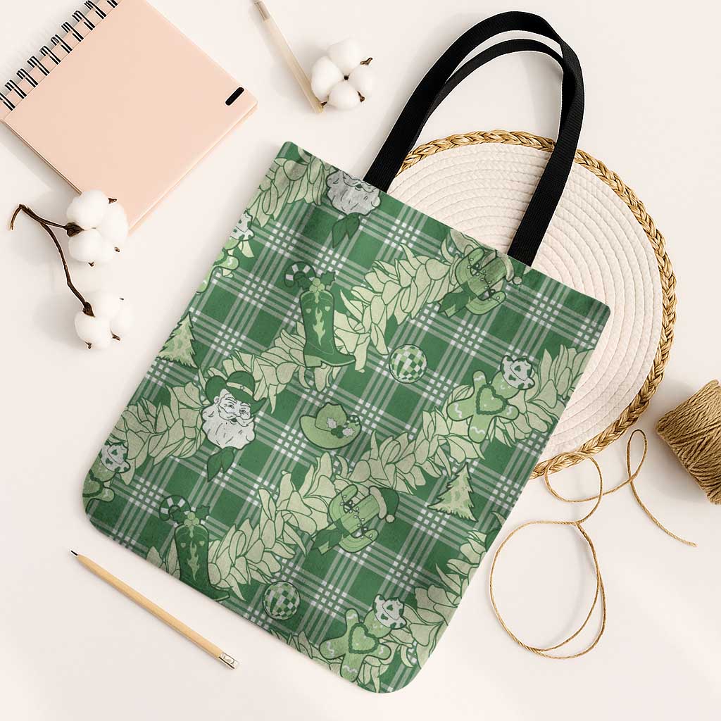 Green Palaka Hawaii Cowboy Christmas Tote Bag Paniolo Mix Maile Lei - Polynesian Pride