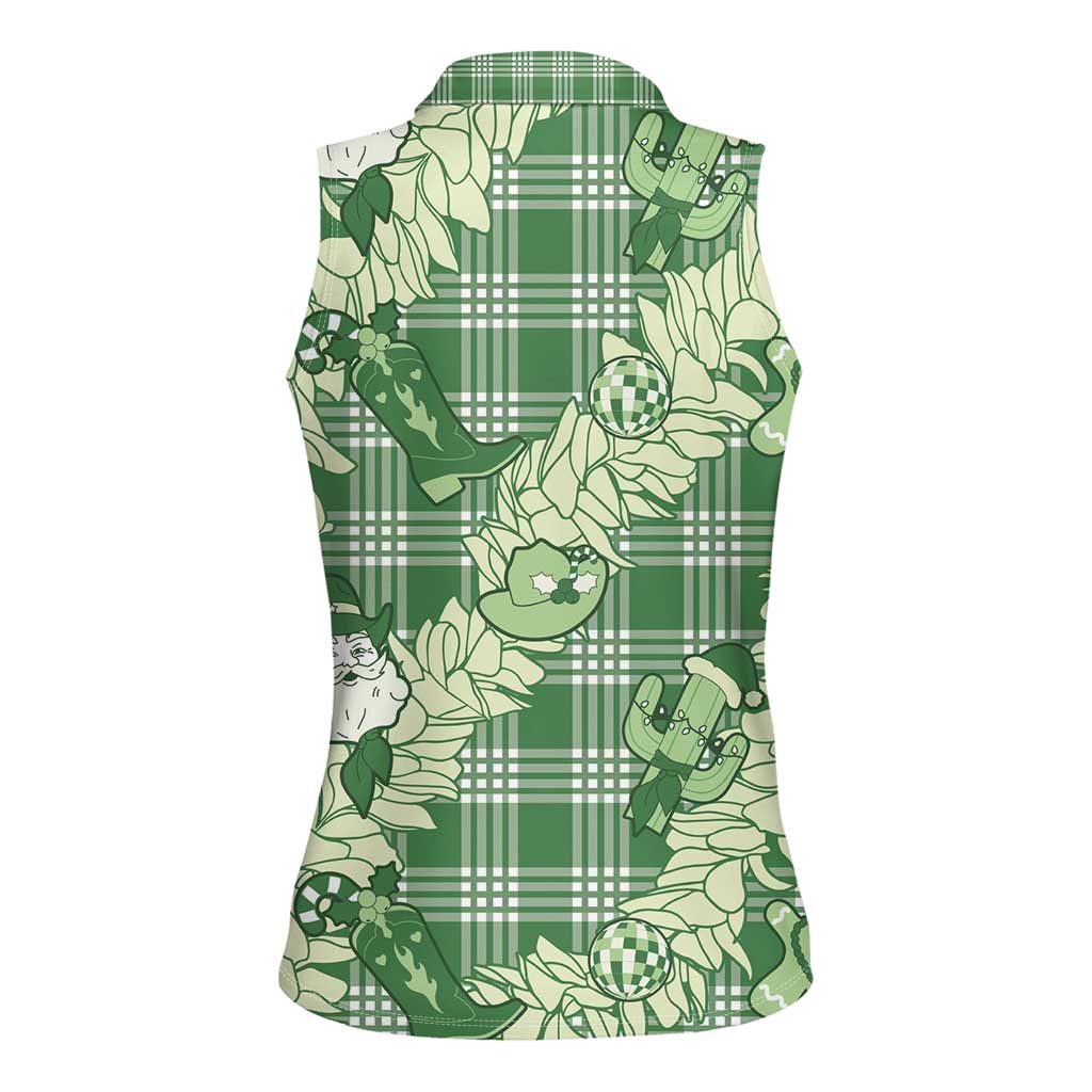 Green Palaka Hawaii Cowboy Christmas Women Sleeveless Polo Shirt Paniolo Mix Maile Lei LT7 - Polynesian Pride