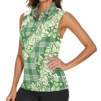 Green Palaka Hawaii Cowboy Christmas Women Sleeveless Polo Shirt Paniolo Mix Maile Lei LT7 - Polynesian Pride