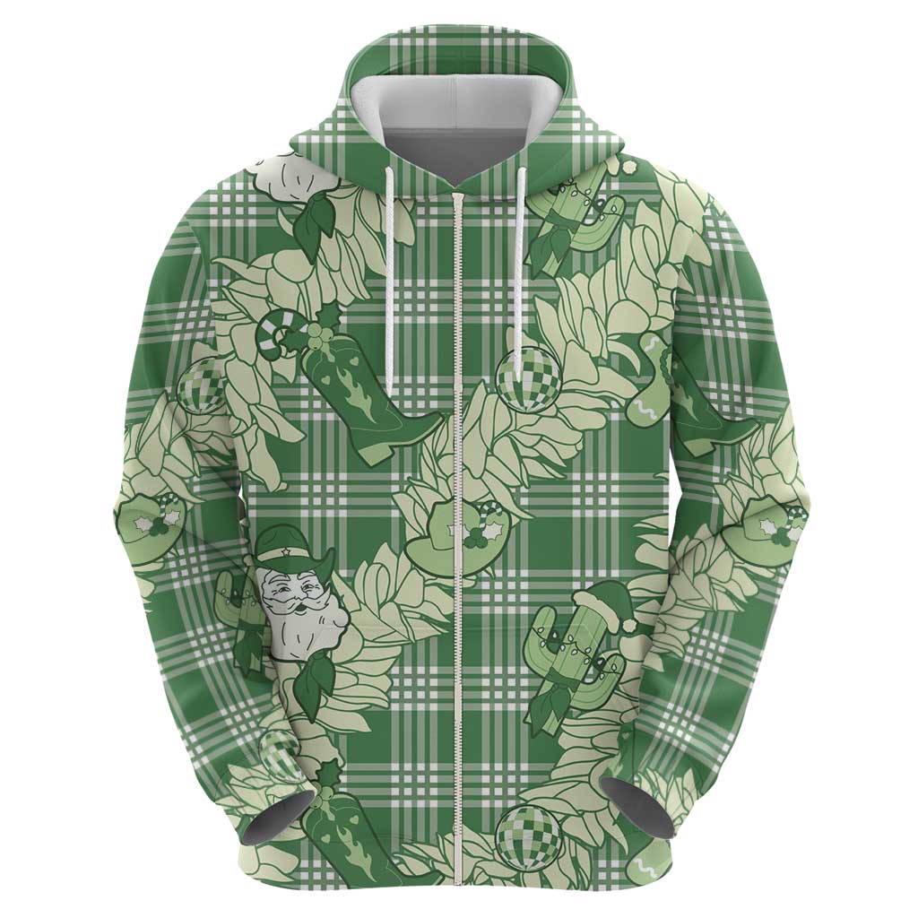 Green Palaka Hawaii Cowboy Christmas Zip Hoodie Paniolo Mix Maile Lei LT7 - Polynesian Pride