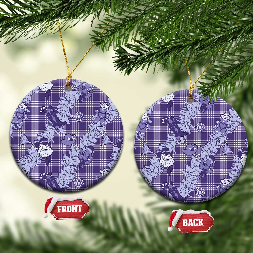 Purple Palaka Hawaii Cowboy Christmas Ceramic Ornament Paniolo Mix Maile Lei - Polynesian Pride