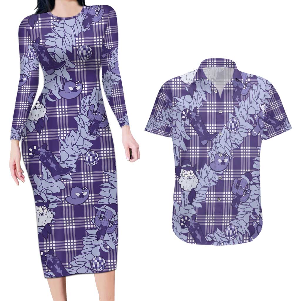 Purple Palaka Hawaii Cowboy Christmas Couples Matching Long Sleeve Bodycon Dress and Hawaiian Shirt Paniolo Mix Maile Lei - Polynesian Pride