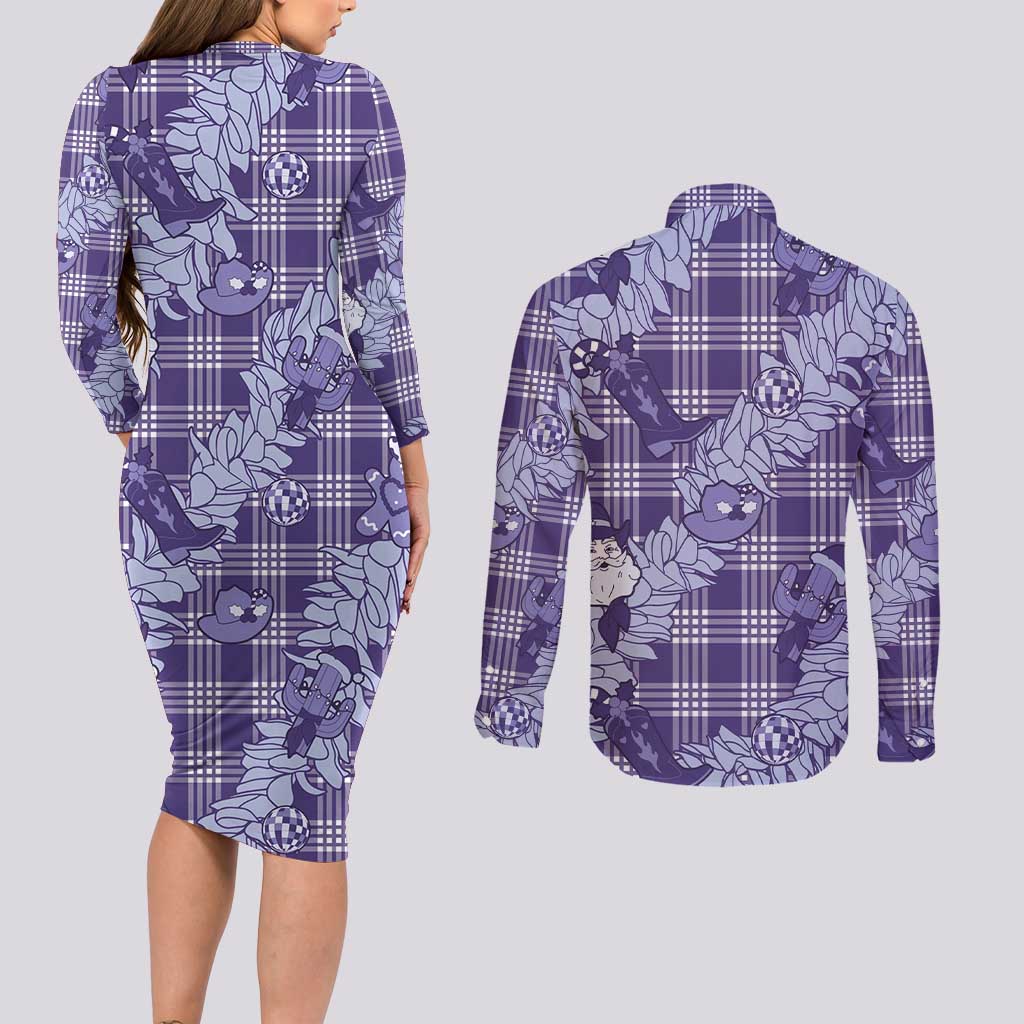 Purple Palaka Hawaii Cowboy Christmas Couples Matching Long Sleeve Bodycon Dress and Long Sleeve Button Shirt Paniolo Mix Maile Lei LT7 - Polynesian Pride