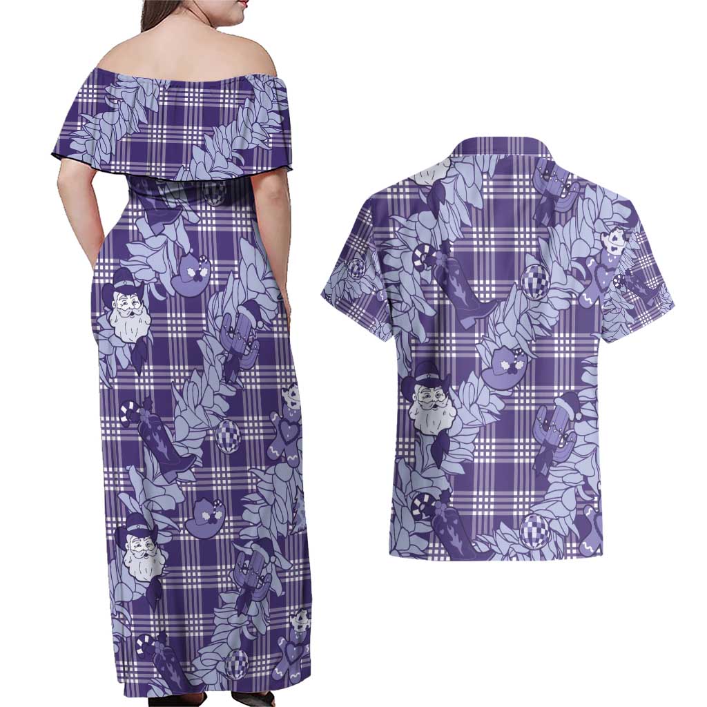 Purple Palaka Hawaii Cowboy Christmas Couples Matching Off Shoulder Maxi Dress and Hawaiian Shirt Paniolo Mix Maile Lei LT7 - Polynesian Pride