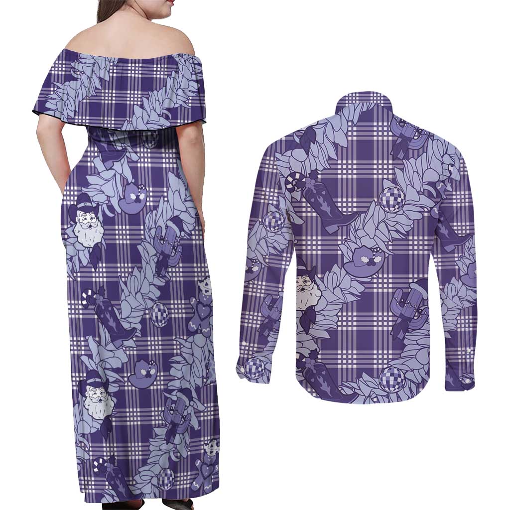 Purple Palaka Hawaii Cowboy Christmas Couples Matching Off Shoulder Maxi Dress and Long Sleeve Button Shirt Paniolo Mix Maile Lei LT7 - Polynesian Pride