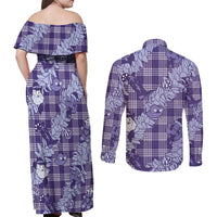 Purple Palaka Hawaii Cowboy Christmas Couples Matching Off Shoulder Maxi Dress and Long Sleeve Button Shirt Paniolo Mix Maile Lei LT7 - Polynesian Pride