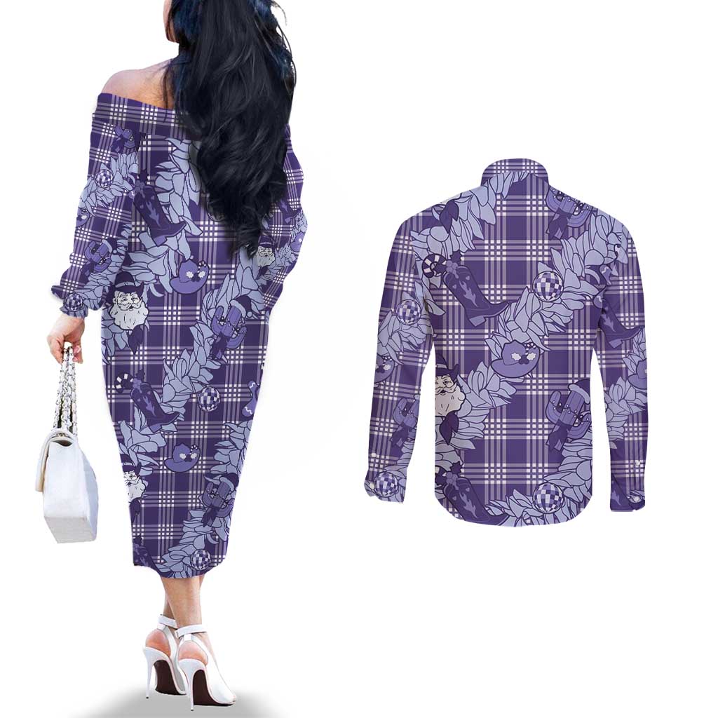 Purple Palaka Hawaii Cowboy Christmas Couples Matching Off The Shoulder Long Sleeve Dress and Long Sleeve Button Shirt Paniolo Mix Maile Lei LT7 - Polynesian Pride