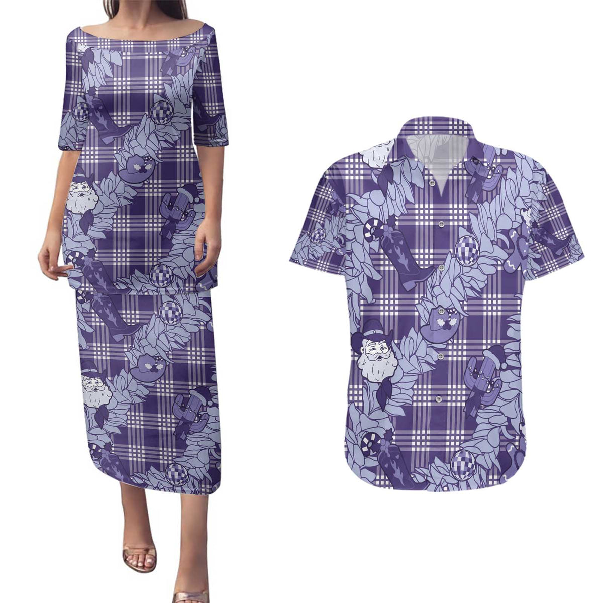 Purple Palaka Hawaii Cowboy Christmas Couples Matching Puletasi and Hawaiian Shirt Paniolo Mix Maile Lei LT7 Purple - Polynesian Pride